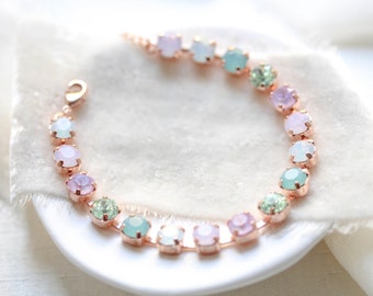 Pastel color rose gold tennis bracelet, Swarovski crystal bracelet, Rose water opal bracelet, Bridal bracelet, Chrysolite opal, dusty pink