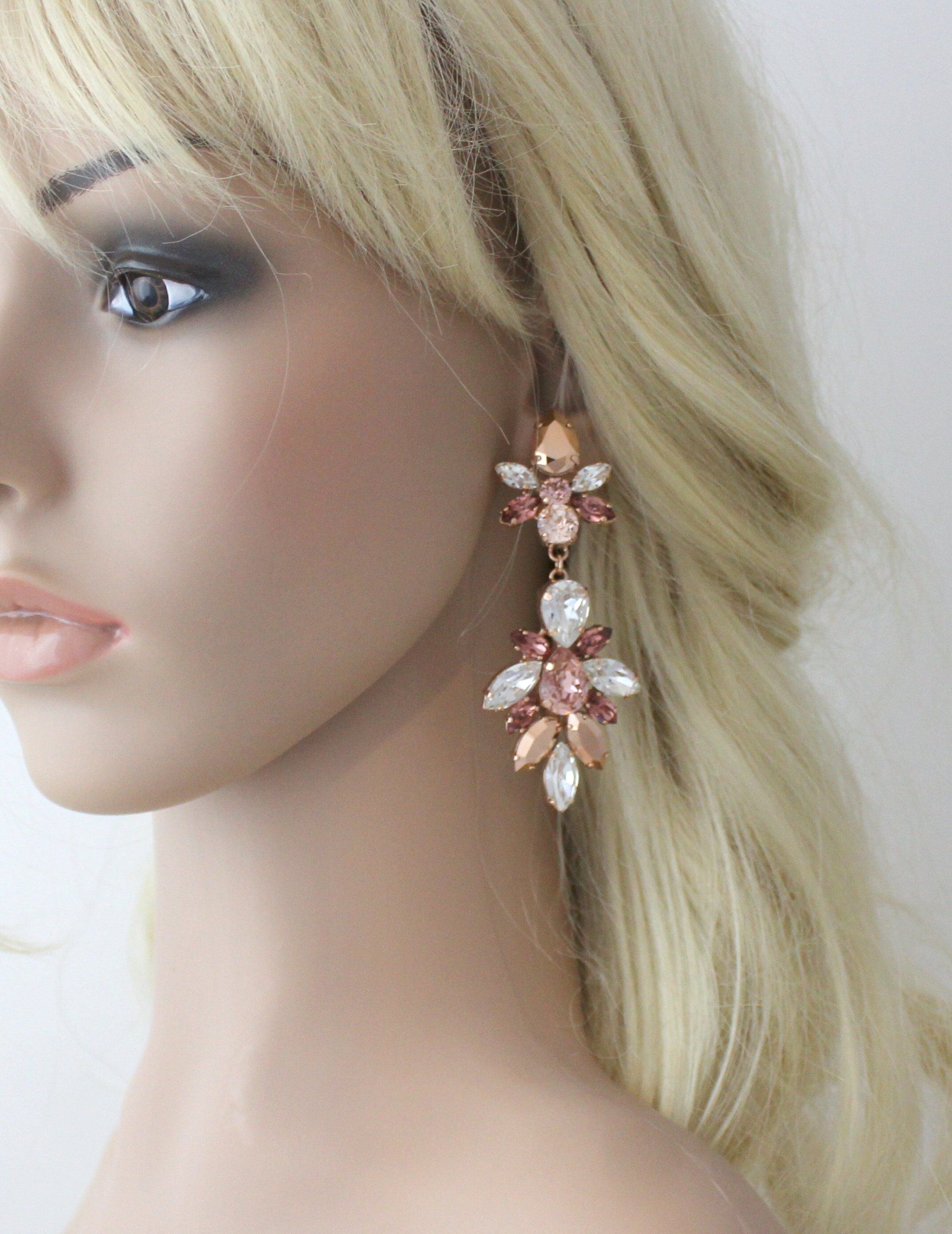 Rose Gold Statement Earrings Crystal Wedding Earrings Bridal Etsy
