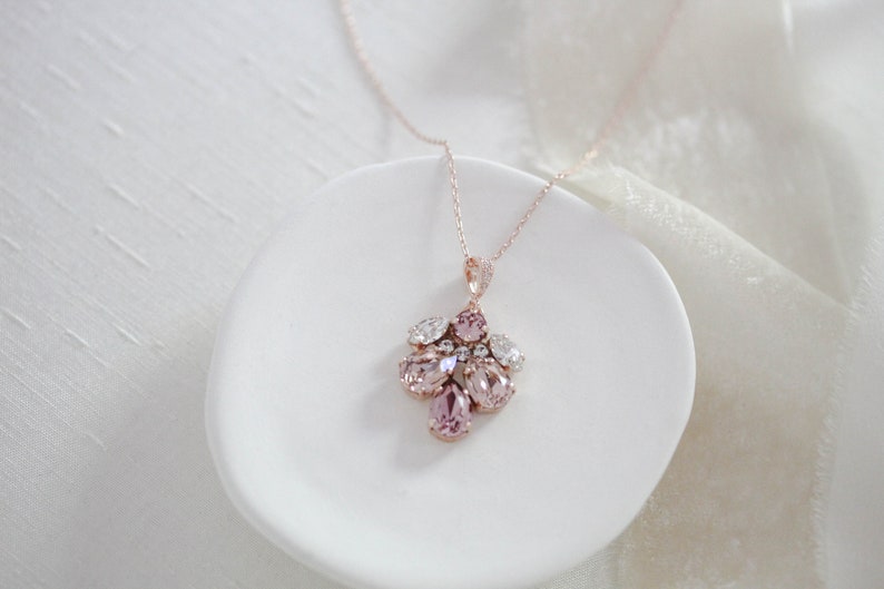 Rose gold Bridal necklace, Bridal jewelry, Crystal Bridesmaid necklace, Blush crystal necklace, Rose gold Wedding necklace, Pendant necklace image 5