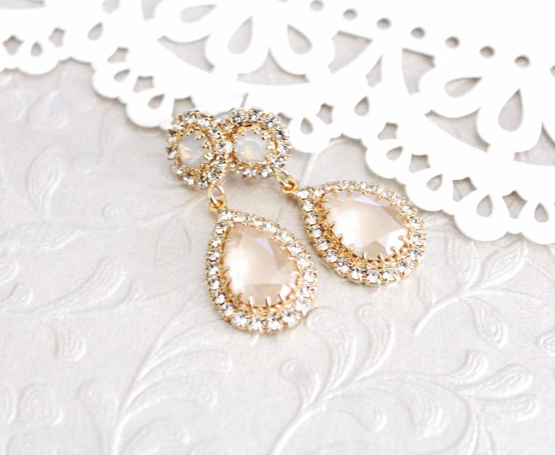 Ivory cream Bridal earrings, Bridal jewelry, Crystal Wedding earrings, Teardrop earrings, Gold earrings for bride, Wedding jewelry image 3