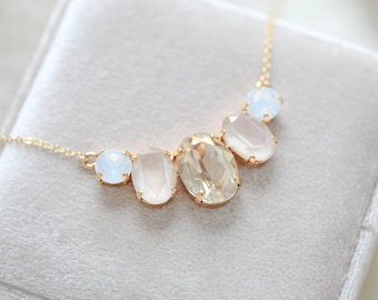 Gold Bridal necklace, White Opal necklace, Bridal jewelry, Crystal Wedding necklace, Oval crystal necklace, Gold Wedding jewelry