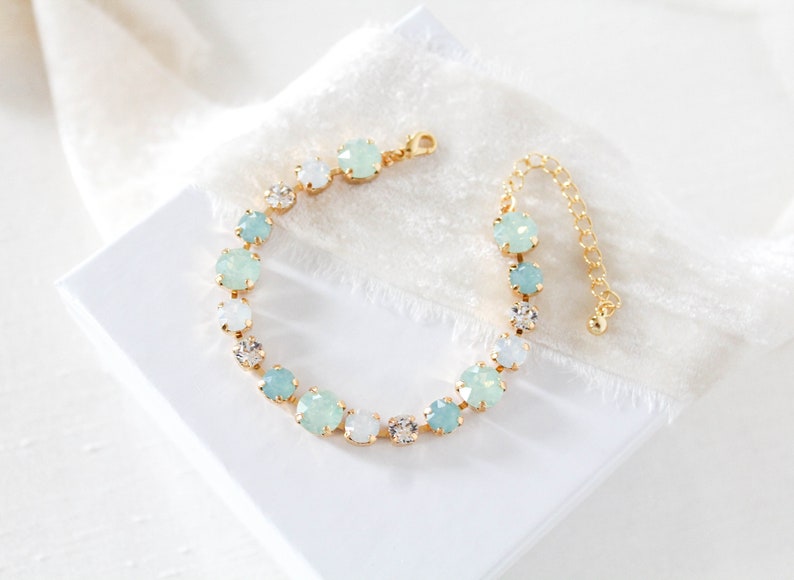 Mint green bracelet, Crystal Bridal bracelet, Bridal jewelry, White Opal Tennis bracelet, Wedding jewelry, Bracelet for Bride, Round crystal yellow gold