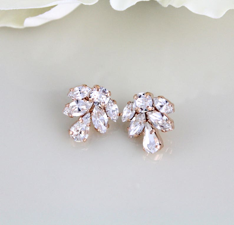 Rose Gold Stud Earrings Crystal Bridal Earrings Bridal - Etsy