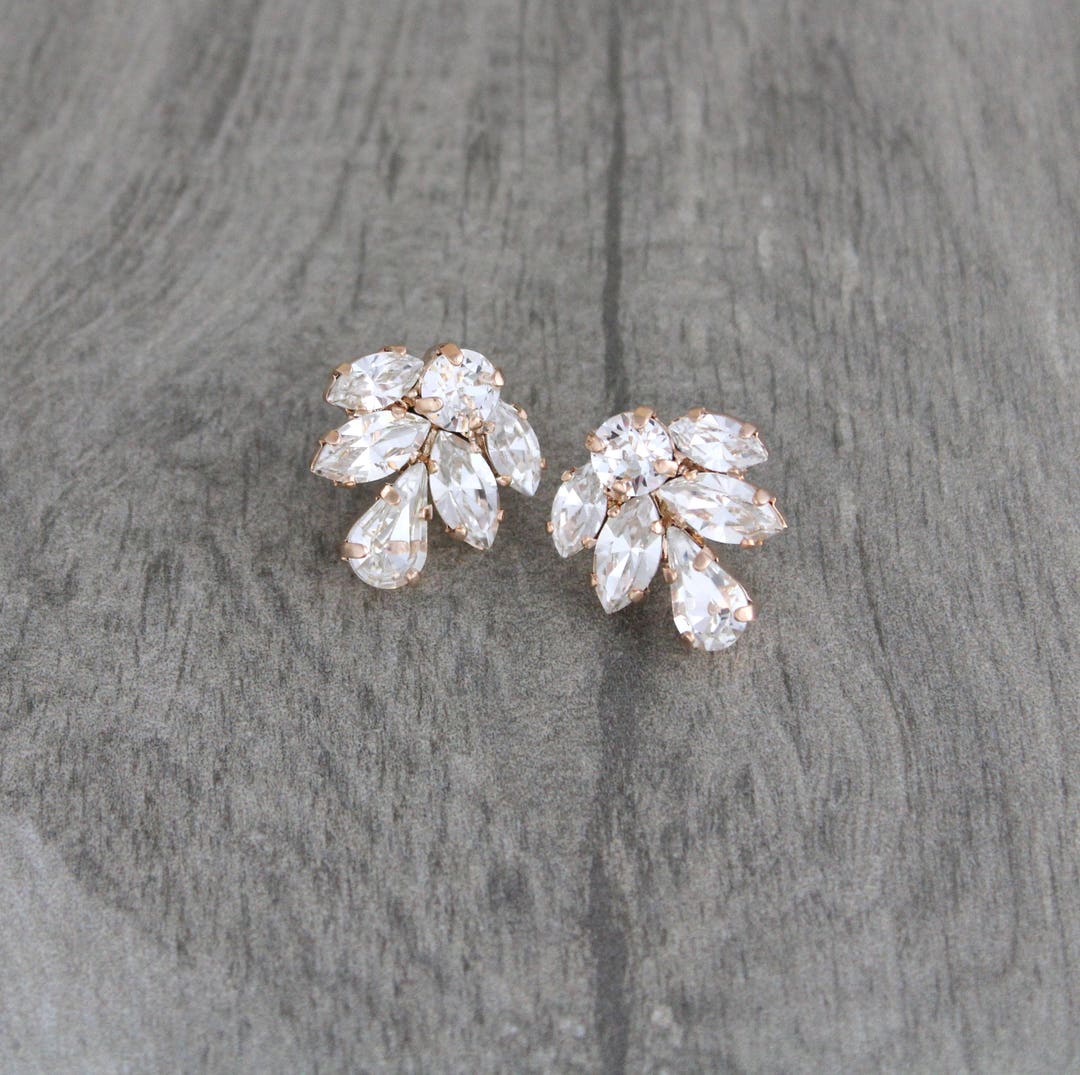 Rose Gold Stud Earrings Crystal Bridal Earrings Bridal - Etsy