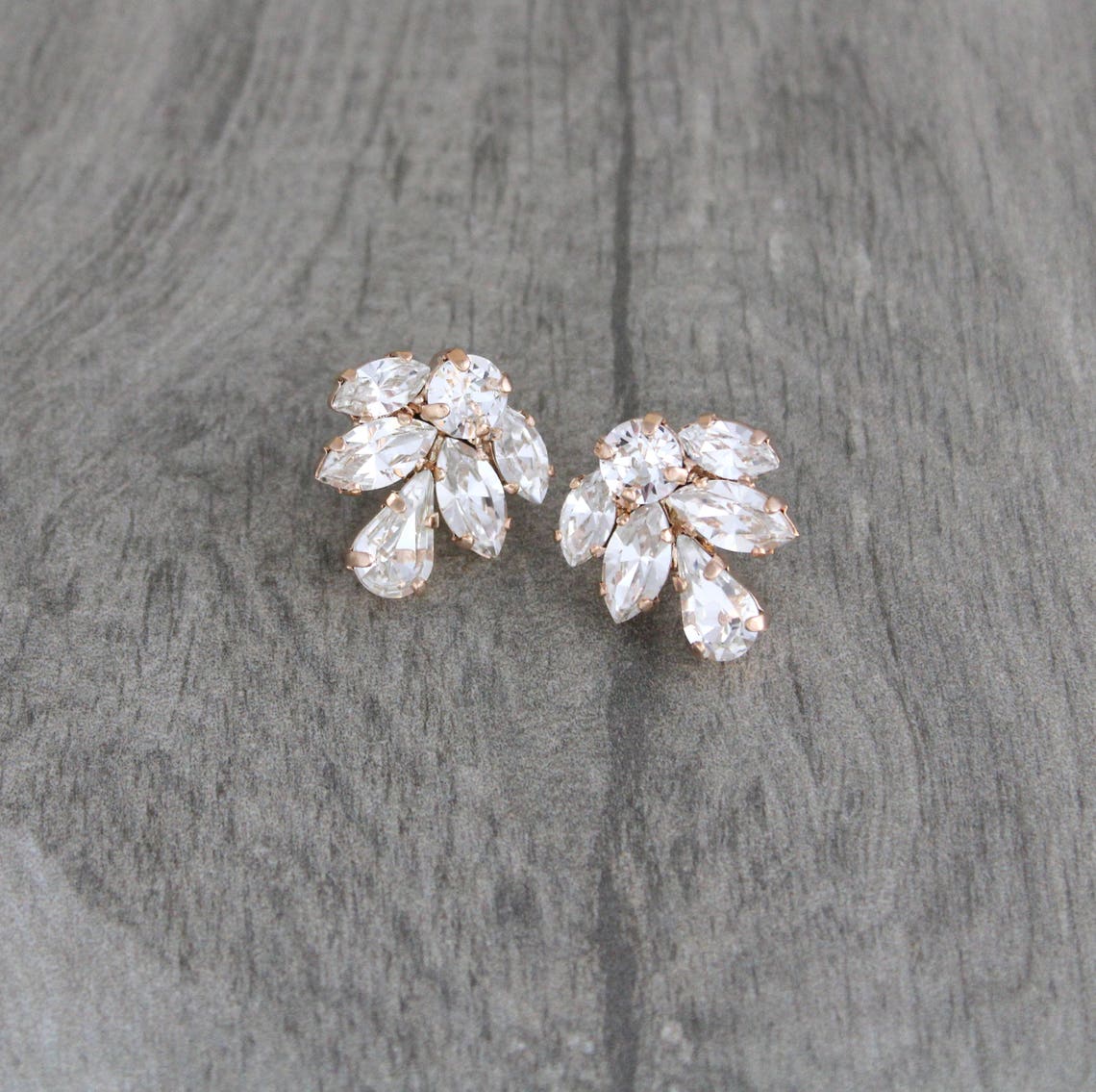 Rose Gold Stud Earrings Crystal Bridal Earrings Bridal Etsy