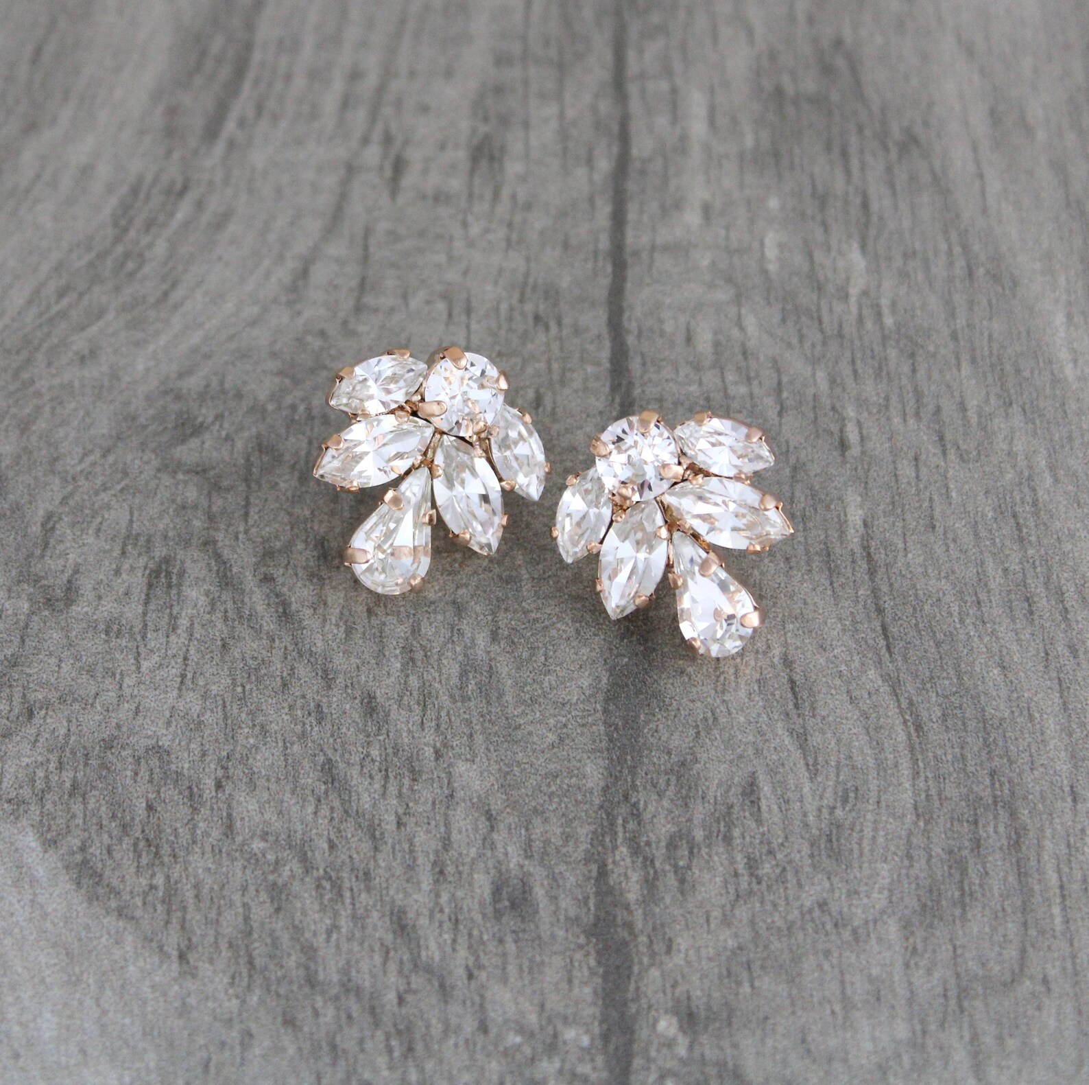 Rose Gold Stud Earrings Crystal Bridal Earrings Bridal Etsy