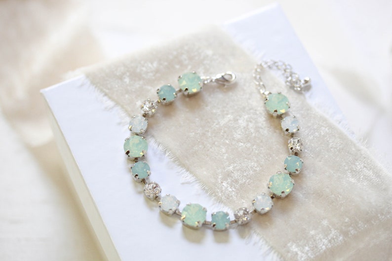 Mint green bracelet, Crystal Bridal bracelet, Bridal jewelry, White Opal Tennis bracelet, Wedding jewelry, Bracelet for Bride, Round crystal image 1