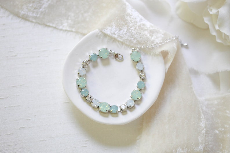 Mint green bracelet, Crystal Bridal bracelet, Bridal jewelry, White Opal Tennis bracelet, Wedding jewelry, Bracelet for Bride, Round crystal image 2