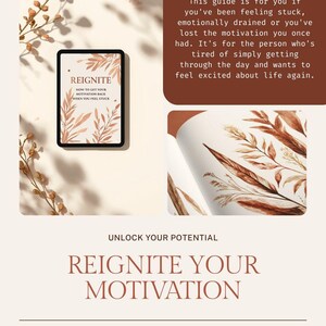 Peut inclure: Un guide numérique intitulé REIGNITE: HOW TO GET YOUR MOTIVATION BACK WHEN YOU FEEL STUCK, avec des illustrations botaniques. Le texte indique : This guide is for you if you've been feeling stuck, emotionally drained or you've lost the motivation you once had. UNLOCK YOUR POTENTIAL REIGNITE YOUR MOTIVATION A Little Guide to Finding Your Energy Clarity.