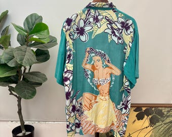 Camisa hawaiana vintage de los 90 con estampado de chica hula, botones, rayón / Tommy Bahama, color verde azulado, talla M-L, ideal para la playa o vacaciones de verano.