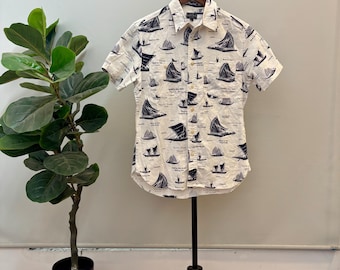 Vintage Schott NY Button Up Shirt Yacht Sailing All Over Print Size S White