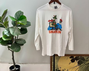 Camiseta vintage de los 90 de manga larga con el personaje Snufkin Moomin / Camiseta Mumintrollen blanca, talla S-M