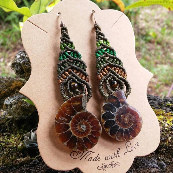 Handmade Ammonite Fossil Macrame Earrings with Tigers Eye/ Dangle Earrings/ Natural