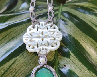 mother of pearl necklace, Chrysoprase, mandala necklace, macrame jewelry, macrame necklace