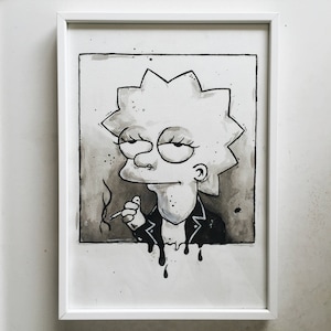 Könnte beinhalten: Schwarzweiß-Illustration eines Comic-Charakters mit gelbem Haar, der eine Lederjacke trägt und eine Zigarette hält. Der Charakter ist im Punkrock-Stil gezeichnet.