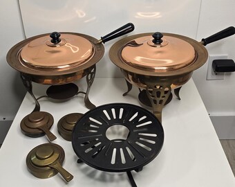 Vintage Copper & Brass Fondue Set: Double Pan Chafing Dish