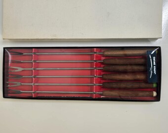 Vintage Japan Sword Fondue Forks Set: Teak & Stainless Steel, Original Box