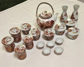 Kutani Yaki Tea & Saki Set: Red Peacock Peony Teapot, Cups, Vases