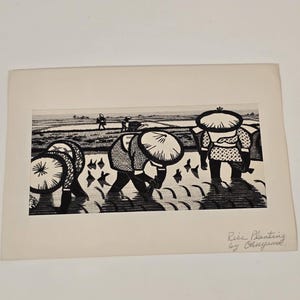 Vintage Gihachiro Okuyama “Rice Planting” Woodblock Print pencil titled stamped