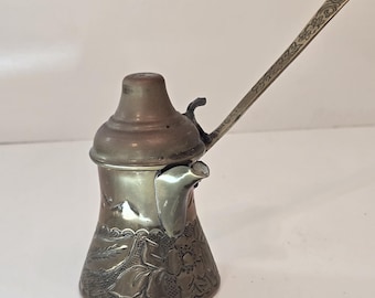 Vintage Turkish Brass Coffee Pot: Etched Floral Design, HOSIS Handle