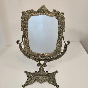Art Nouveau Brass Vanity Mirror: Tilting Tabletop Makeup Mirror