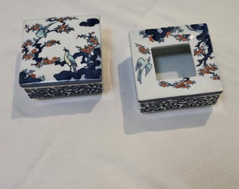 Vintage Japanese Porcelain Trinket Boxes: Hand-Painted Cherry Blossom & Birds