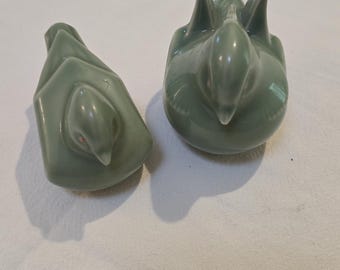 Japanese Celadon Dove Figurines: Glazed Greenware Bird Pair, Mid-Century Modern