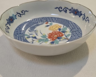 Vintage Japanese Ceramic Bowl: Blue, White & Floral Design (6" x 2")