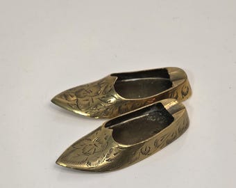 Vintage Z.Y. Indian Brass Shoe Ashtrays: Etched Miniature Shoes