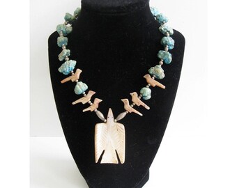 Vintage Native American Zuni Fetish Turquoise Nugget, Sterling Beads & Carved Bird Necklace