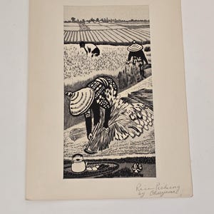 Vintage Gihachiro Okuyama “Rice Picking” Woodblock Print pencil titled stamped