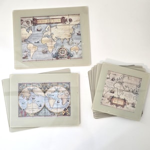 Juego de posavasos de vidrio vintage - Mapa del mundo - Incluye 4 tamaños