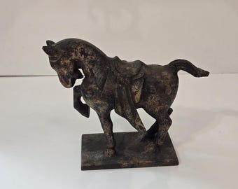 Vintage Cast Iron Bronze Chinese Tang Dynasty Horse Statue Japan Patina