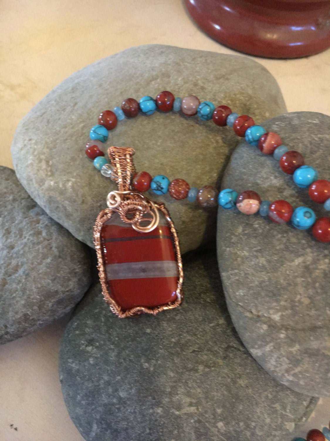 Red jasper & turquoise bead necklace Etsy