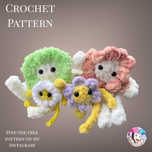 Op de afbeelding: Vier kleurrijke gehaakte bloem- en wezenknuffels. De knuffels zijn in tinten groen, roze, wit, geel en paars. De tekst "CROCHET PATTERN" staat bovenaan en "Find the free pattern on my Instagram!" onderaan.