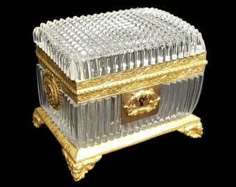 DISCOUNT!! Antique French Crystal Empire Jewelry Casket/Box | Le Creusot | Gilded Frame | Cut Crystal | Mascarons | France | Approx. 1815.