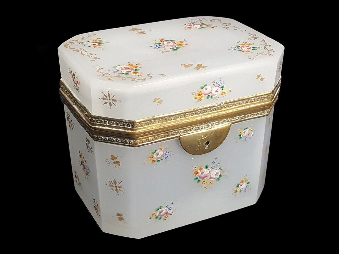 Antique Opaline Glass Jewelry Box / Trinket Box Floral Decorations