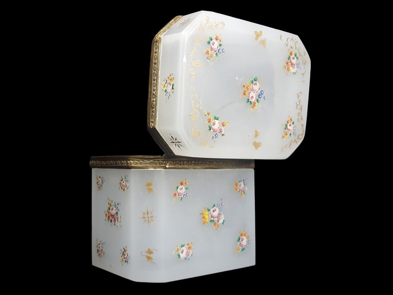 Antique Opaline Glass Jewelry Box / Trinket Box Floral Decorations