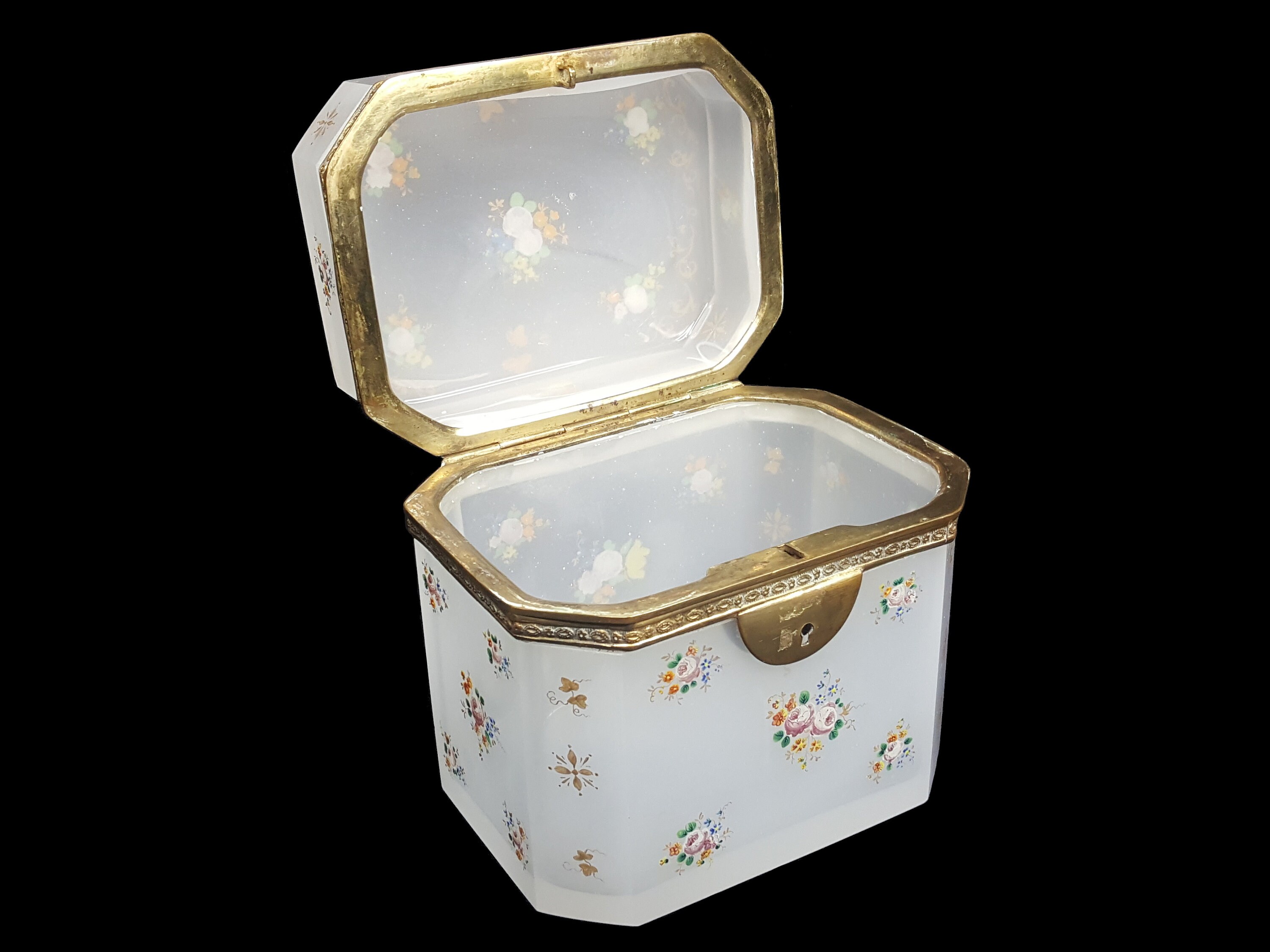 Antique Opaline Glass Jewelry Box / Trinket Box Floral Decorations