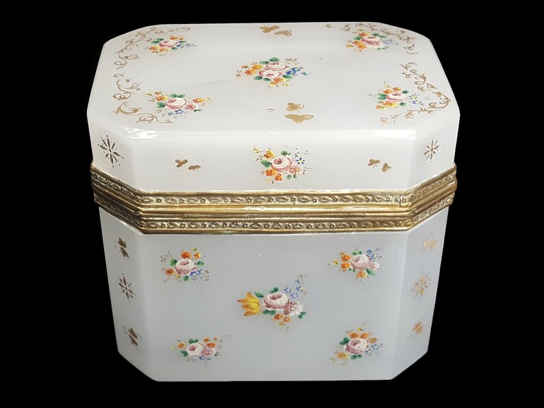 Antique Opaline Glass Jewelry Box / Trinket Box Floral Decorations
