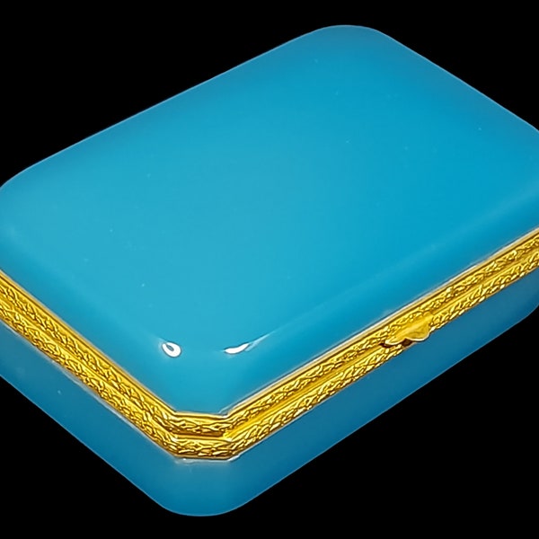 DISCOUNT!! Blue Opaline Glass Jewelry Box/Trinket Box | Rectangular | Brass Frame | Italy, 1920's.