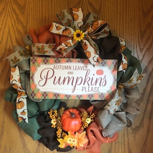 Orange/Brown/Green Burlap Fall Wreath/Fall Burlap Wreath/Harvest Burlap Wreath/Pumpkin/Leaves Burlap Wreath