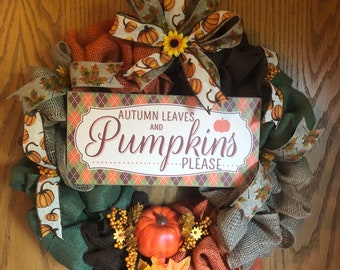 Pumpkin Burlap Fall Wreath: Harvest Decor with Leaves