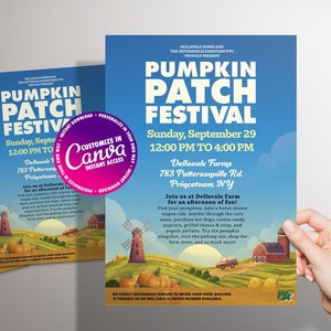 Może przedstawiać: Trzy ulotki promujące Festiwal Dyni. Główna ulotka, trzymana w dłoni, ma niebieskie tło nieba z tytułem wydarzenia dużymi białymi literami. Szczegóły: data, godzina i lokalizacja w Princetown, NY.