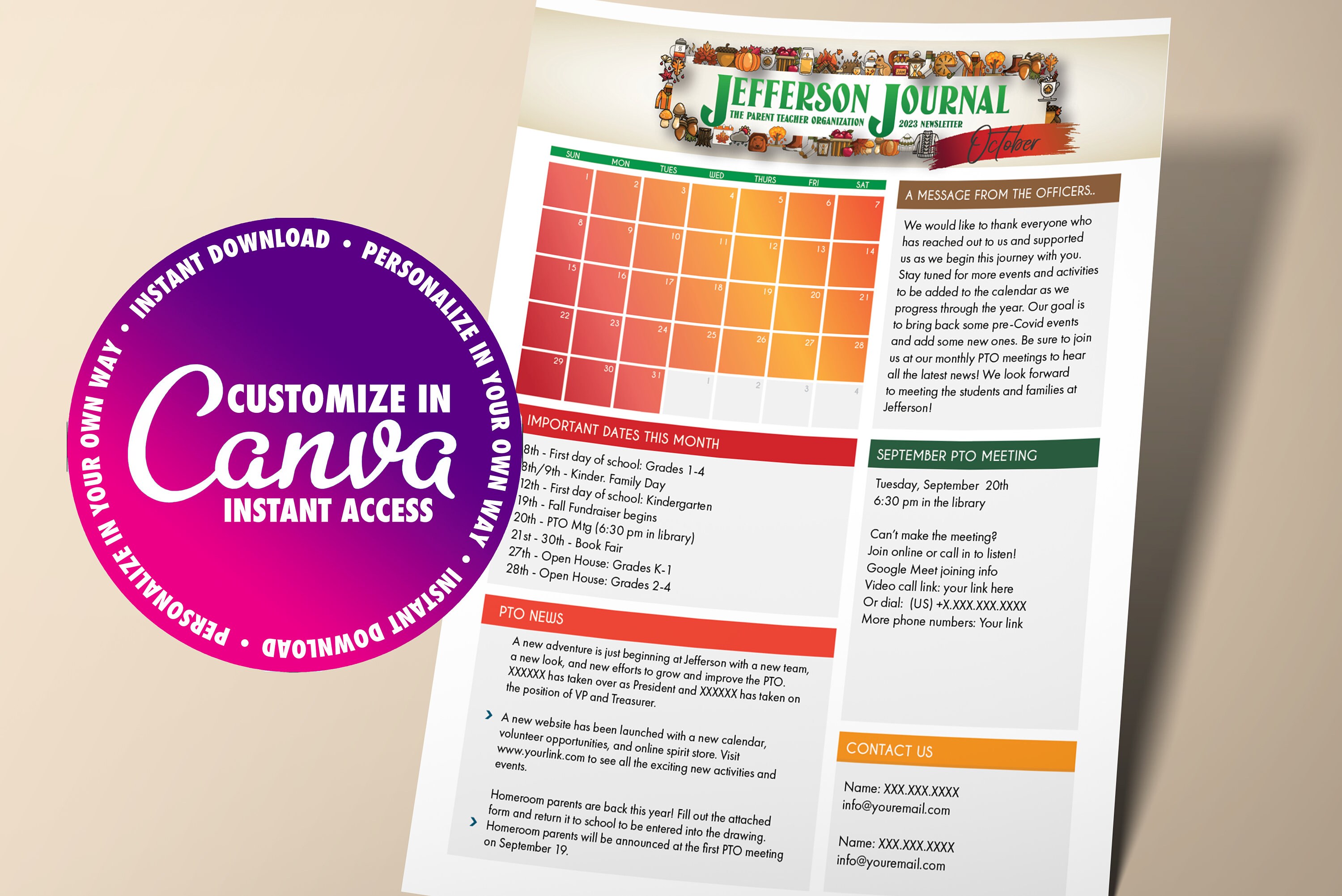 Editable October PTO PTA Newsletter Flyer, Fall Newsletter Template ...