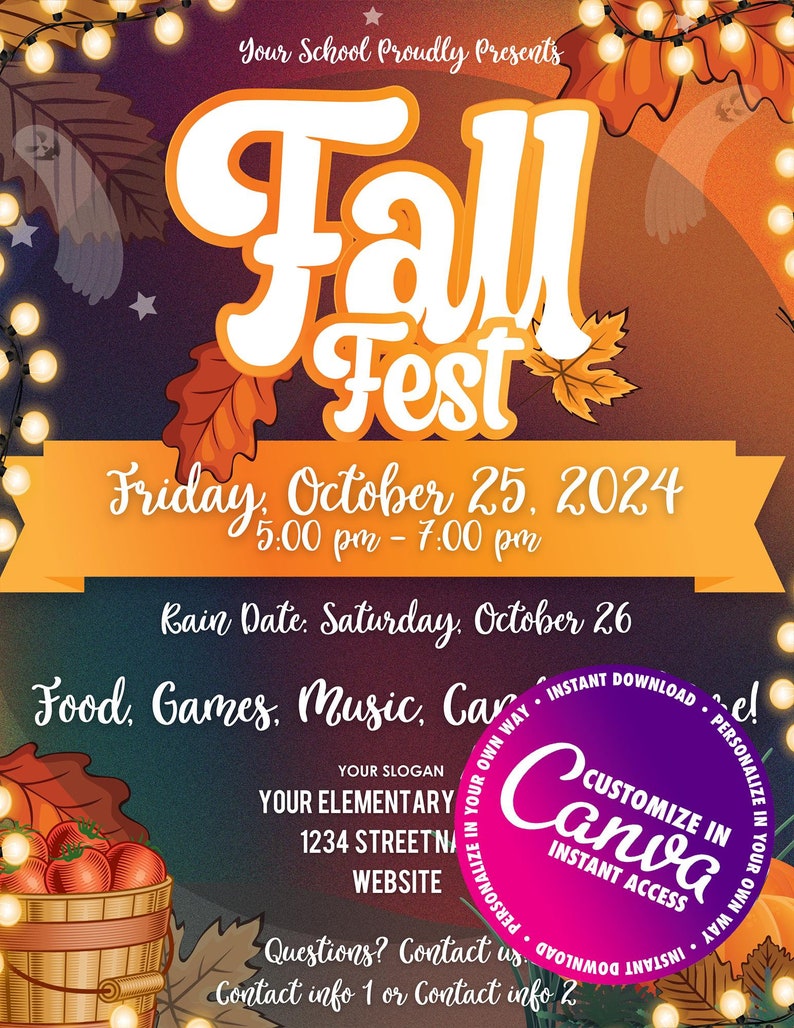 K&ouml;nnte beinhalten: Ein Herbstfest-Flyer mit dem Text "Fall Fest" in gro&szlig;en orangefarbenen Buchstaben. Der Flyer enth&auml;lt Datum, Uhrzeit und Aktivit&auml;ten. Ein Canva-Logo ist vorhanden, das Anpassungsoptionen anzeigt.