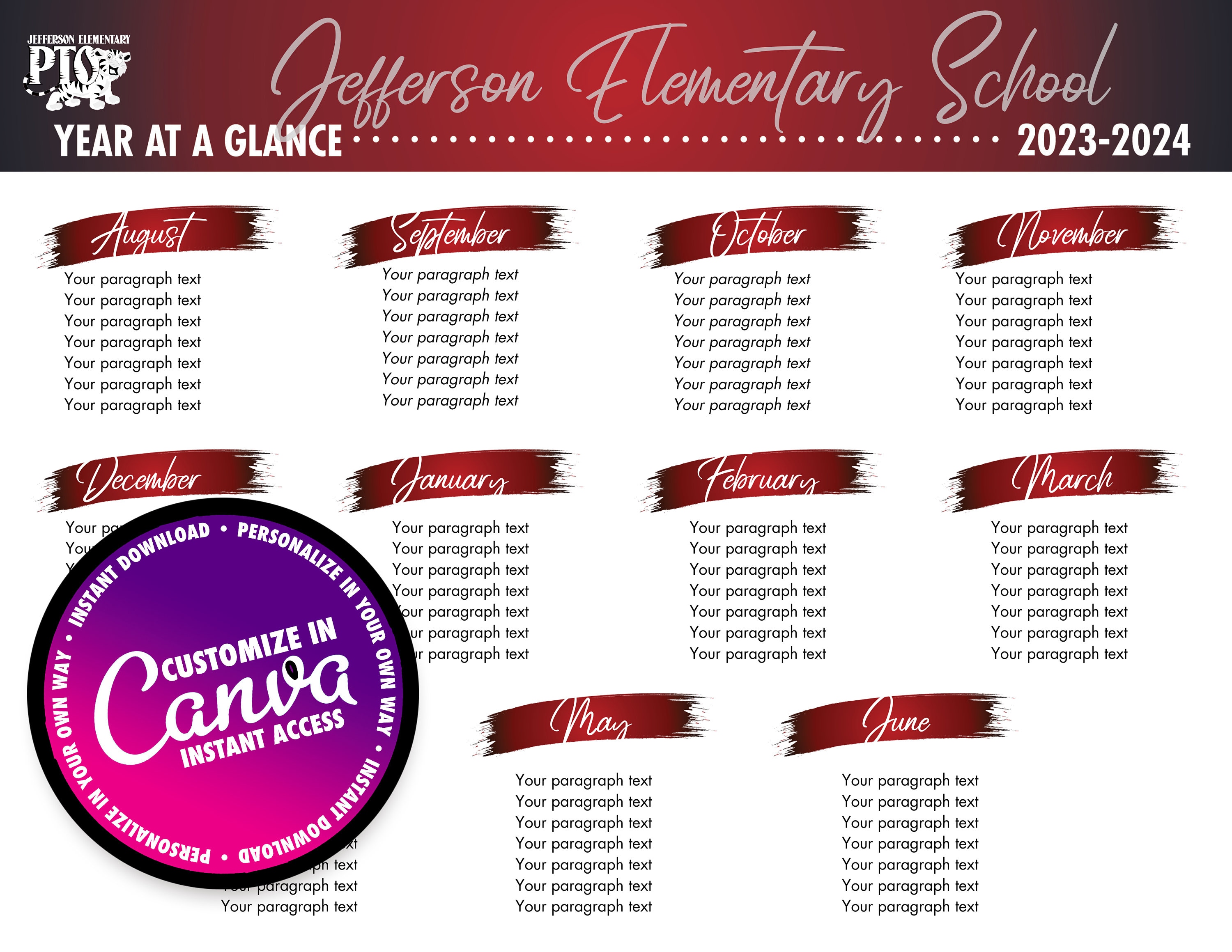 Editable year at a glance calendar flyer newsletter back to school