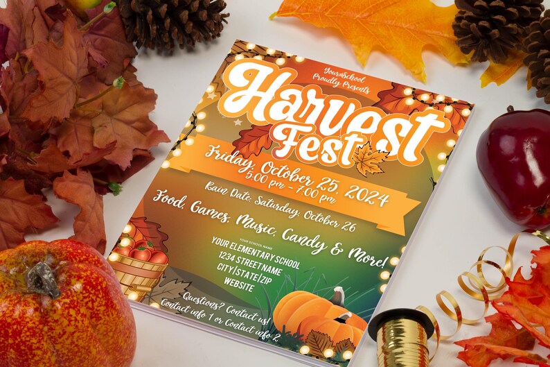 May include: A flyer for a Harvest Fest event with text that reads "Harvest Fest" and event details. The flyer is decorated with fall leaves, pumpkins, and apples. The event includes food, games, music, and candy.