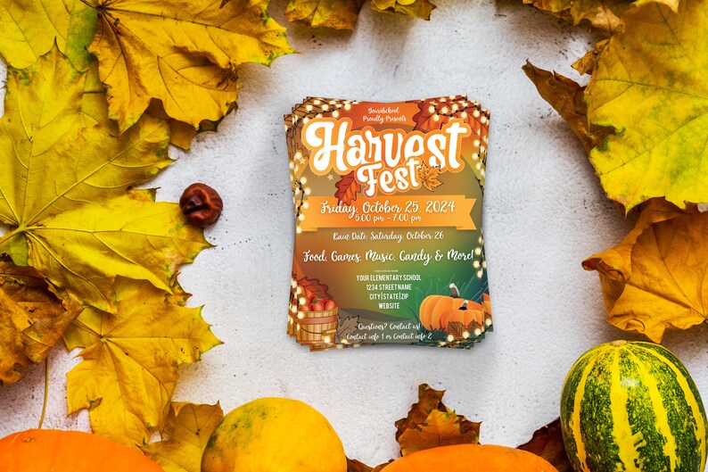 May include: A flyer for a Harvest Fest event, featuring text and fall-themed graphics. The flyer includes the date, October 25, 2024, and details about food, games, and music. The image is surrounded by yellow fall leaves and pumpkins.