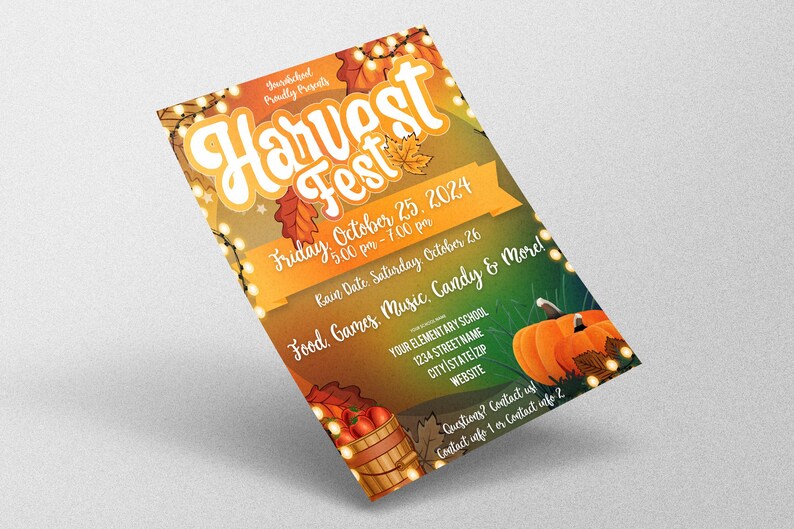 May include: A flyer for a Harvest Fest event. The design features the words "Harvest Fest" in a large, stylized font, with fall leaves and string lights. The flyer includes the date, time, and activities.